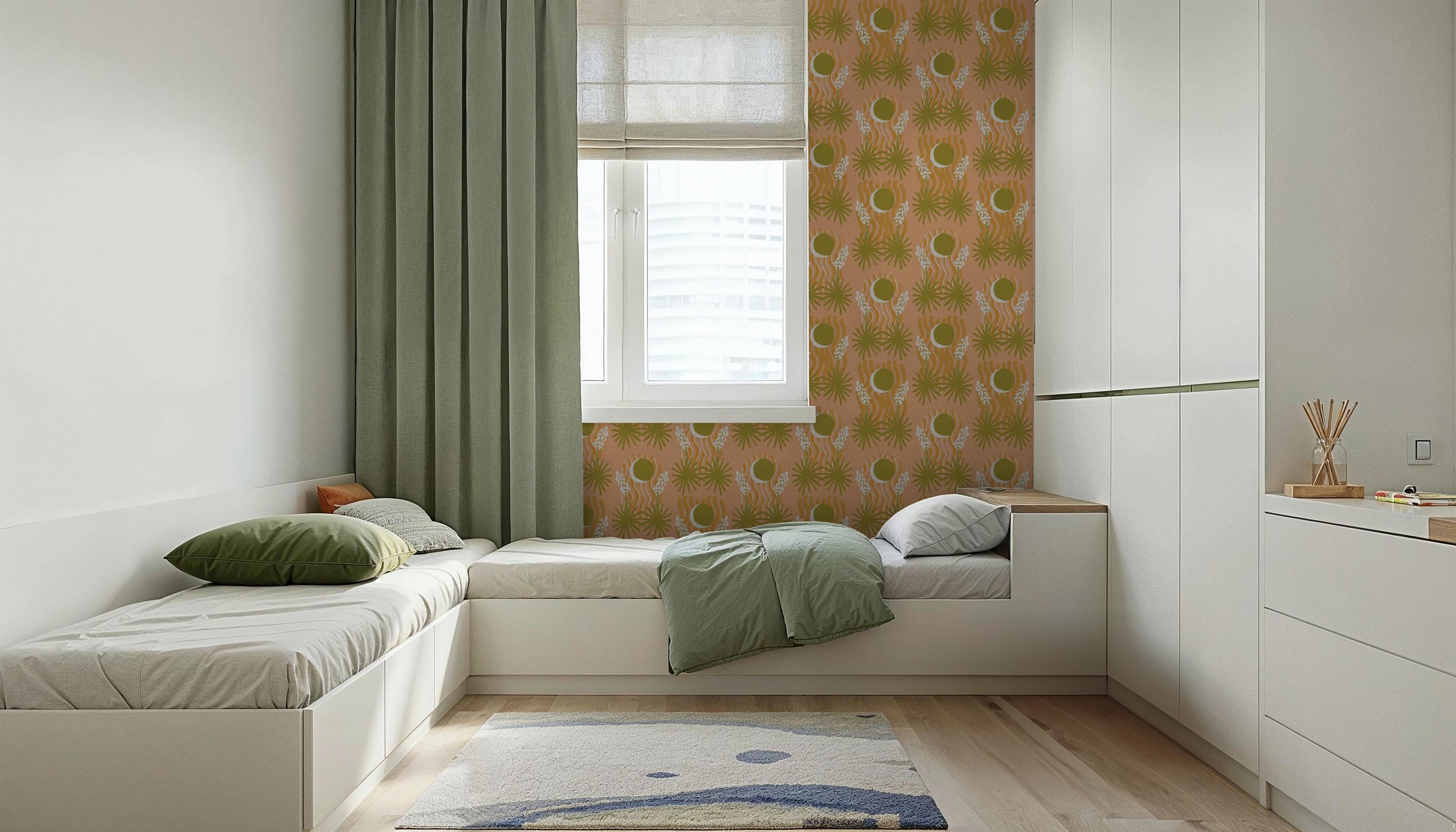 Yucca Moon Wallpaper, peach and green