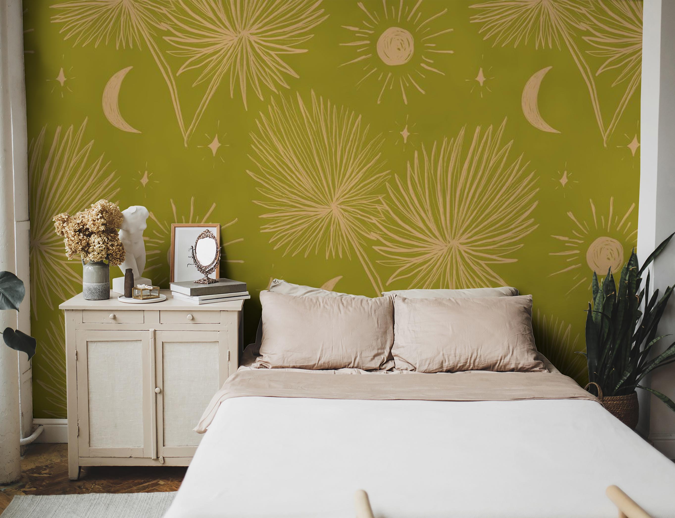 Night Palm Wallpaper, chartreuse and peach