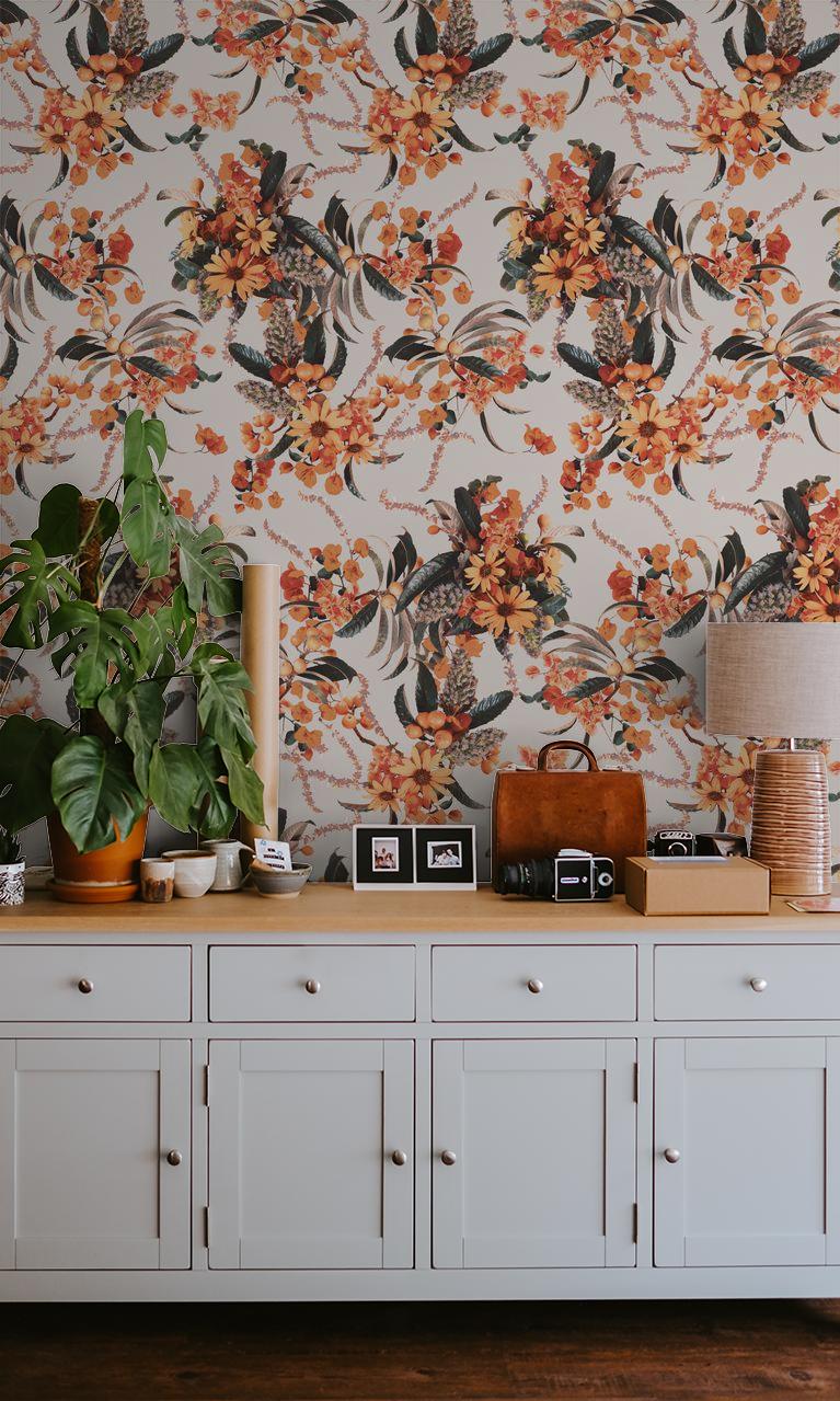 Springtime Wallpaper, off-white and orange