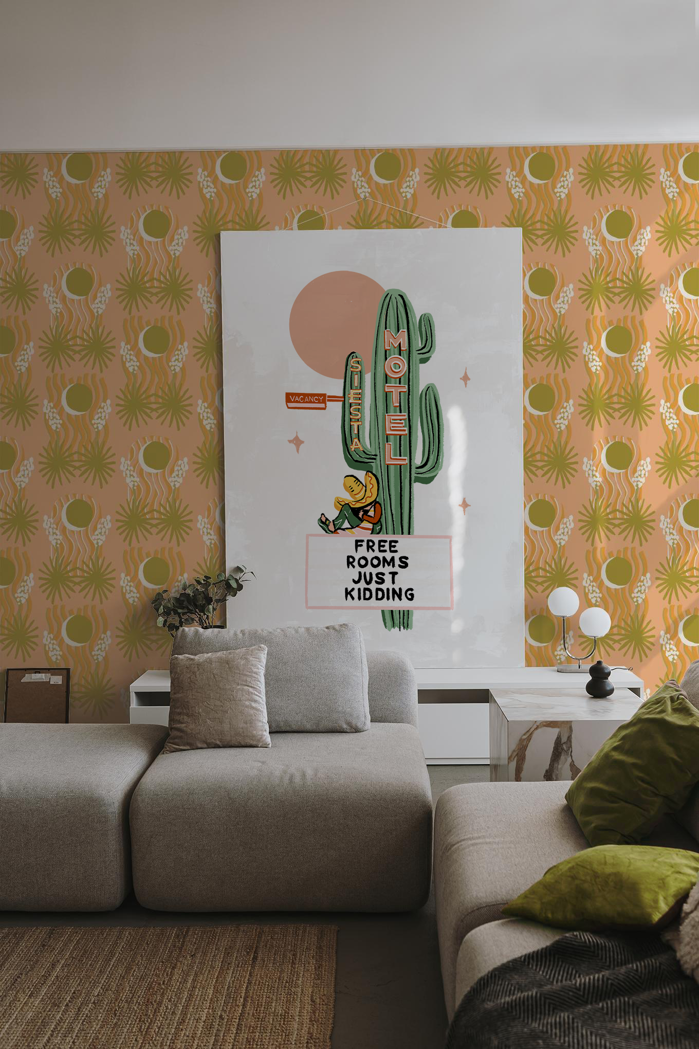 Yucca Moon Wallpaper, peach and green