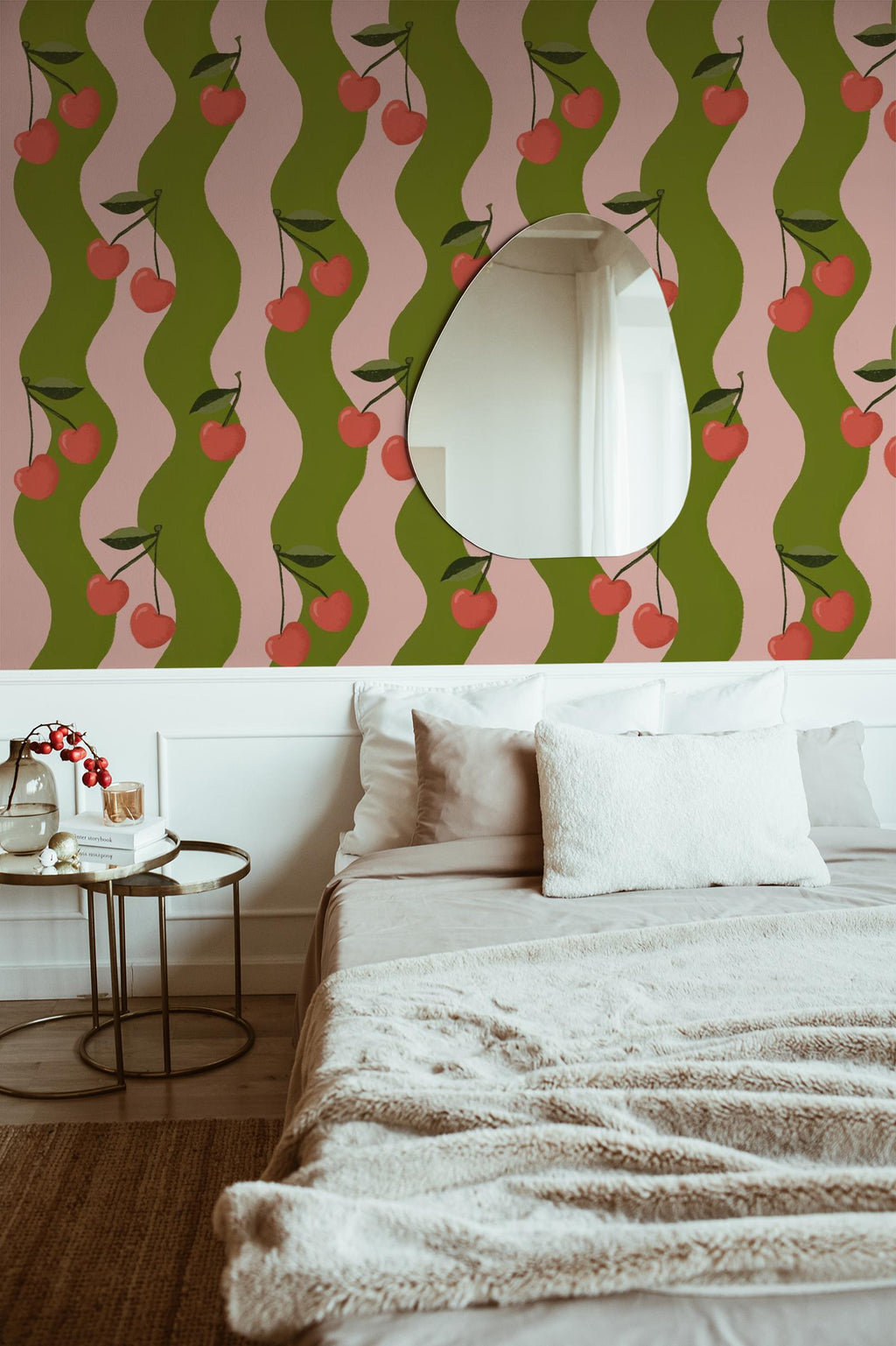 Wavy Cherry Wallpaper, pink and green