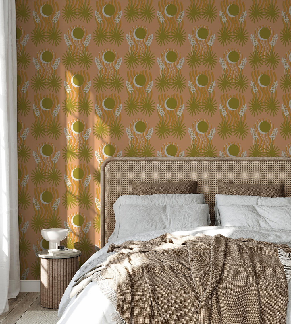 Yucca Moon Wallpaper, peach and green