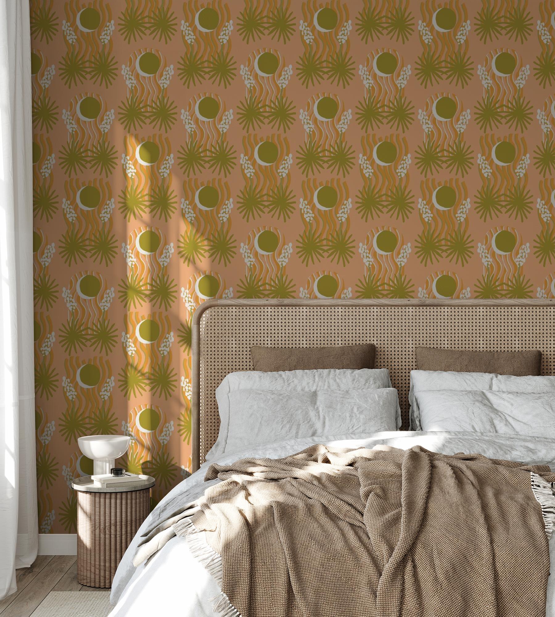 Yucca Moon Wallpaper, peach and green