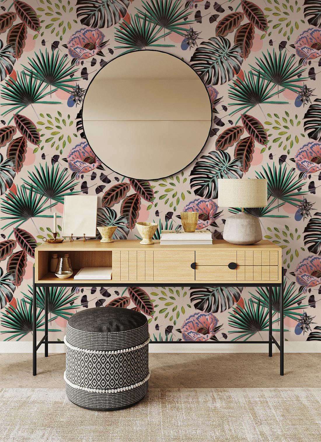 Floral Pop Wallpaper, teal and pink