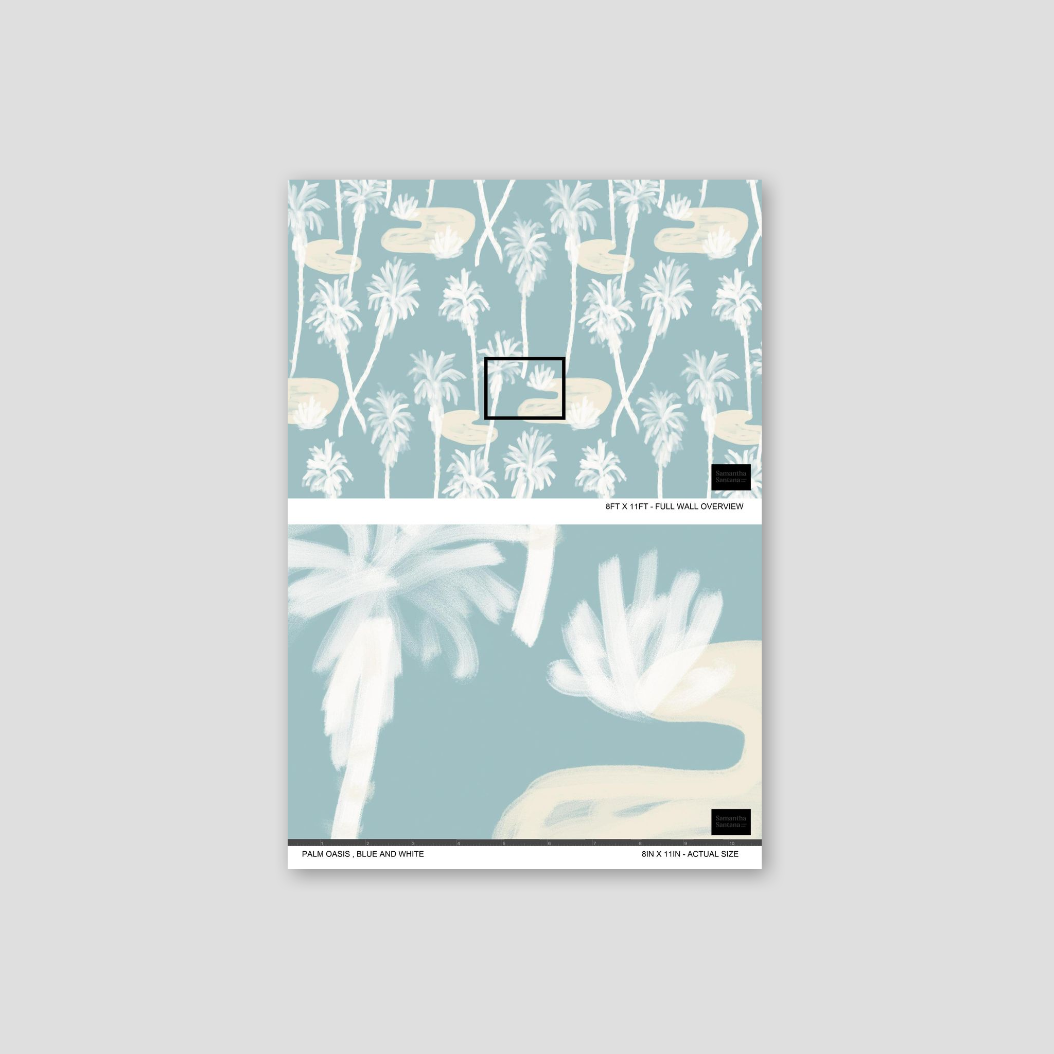 Palm Oasis Wallpaper, dusty blue and white
