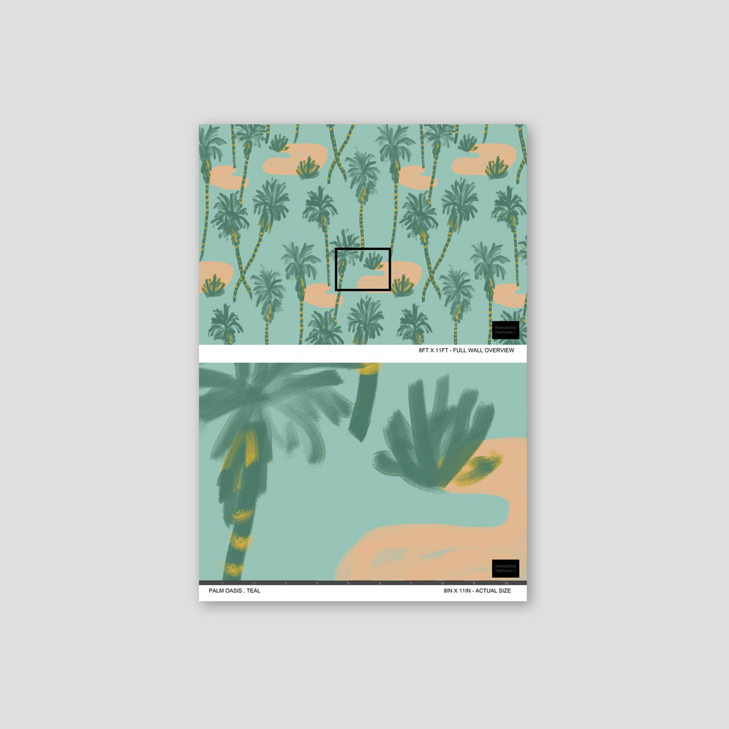 Palm Oasis Wallpaper, teal and peach
