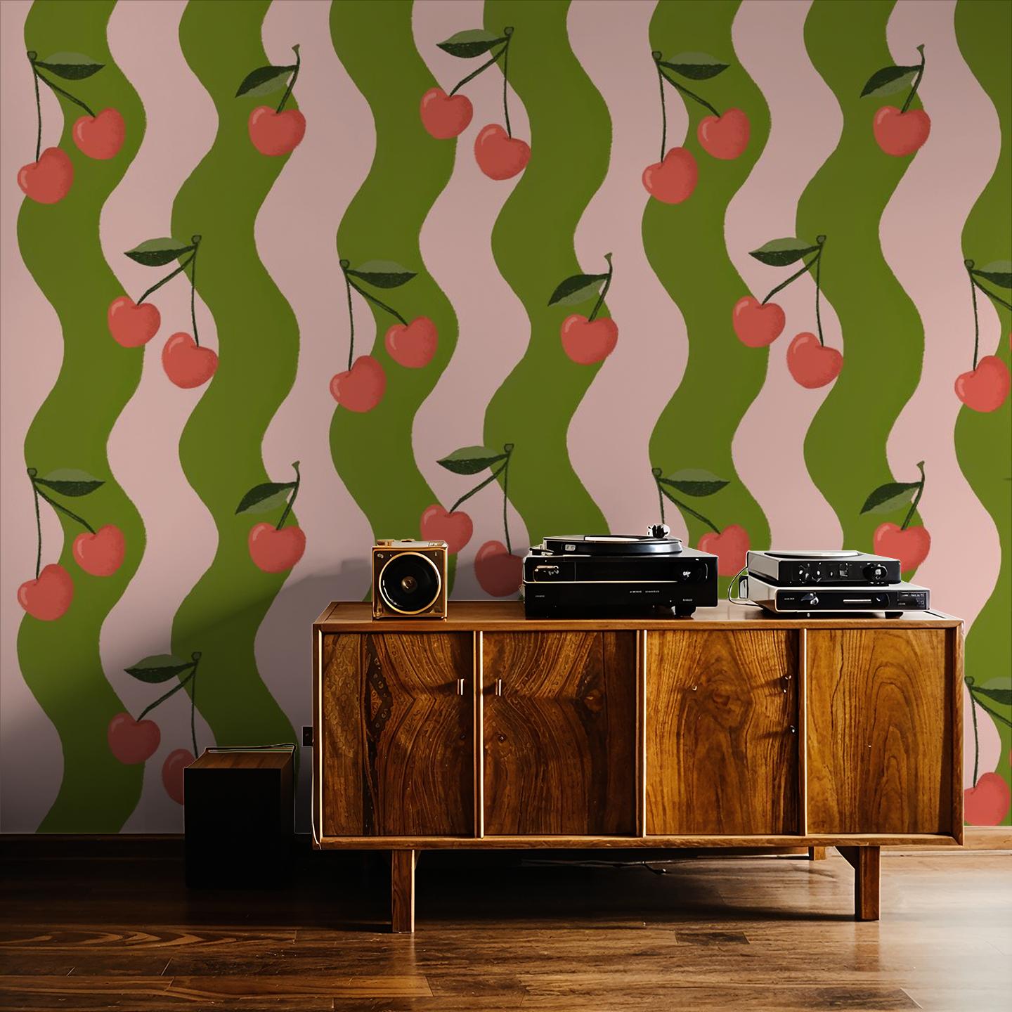 Wavy Cherry Wallpaper, pink and green