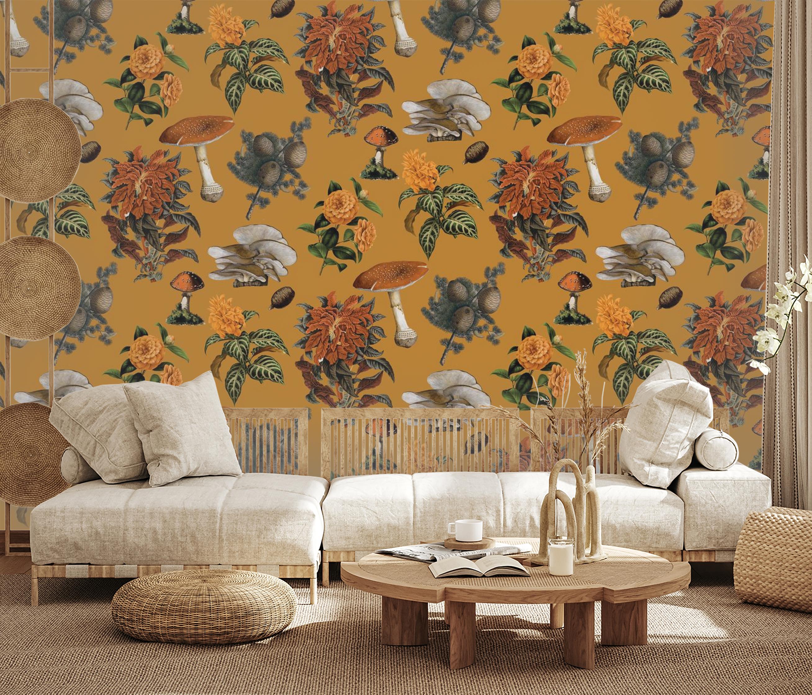 Shrooms Wallpaper, gold and marigold