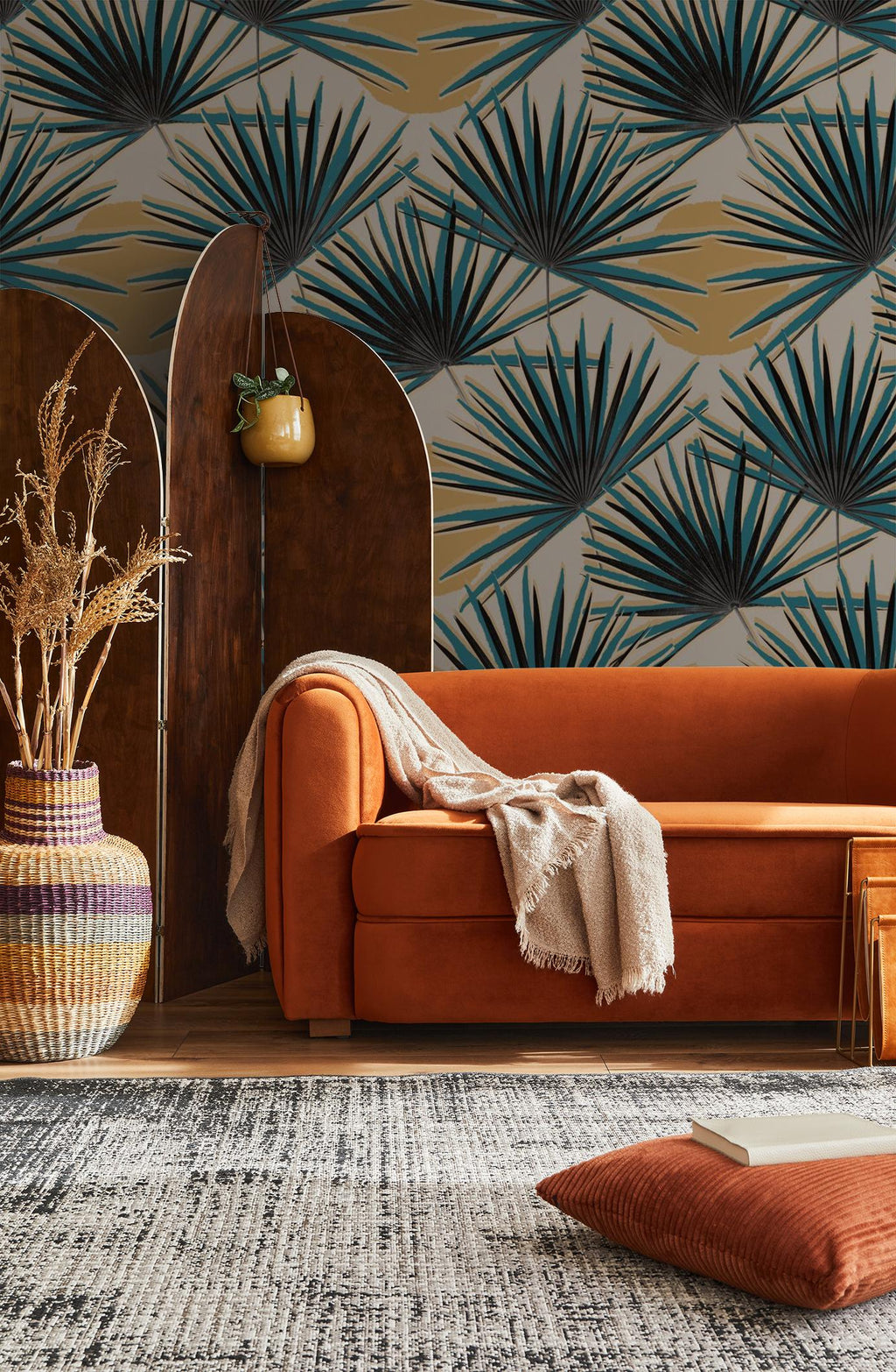 Palm Deco Wallpaper, blue and orange
