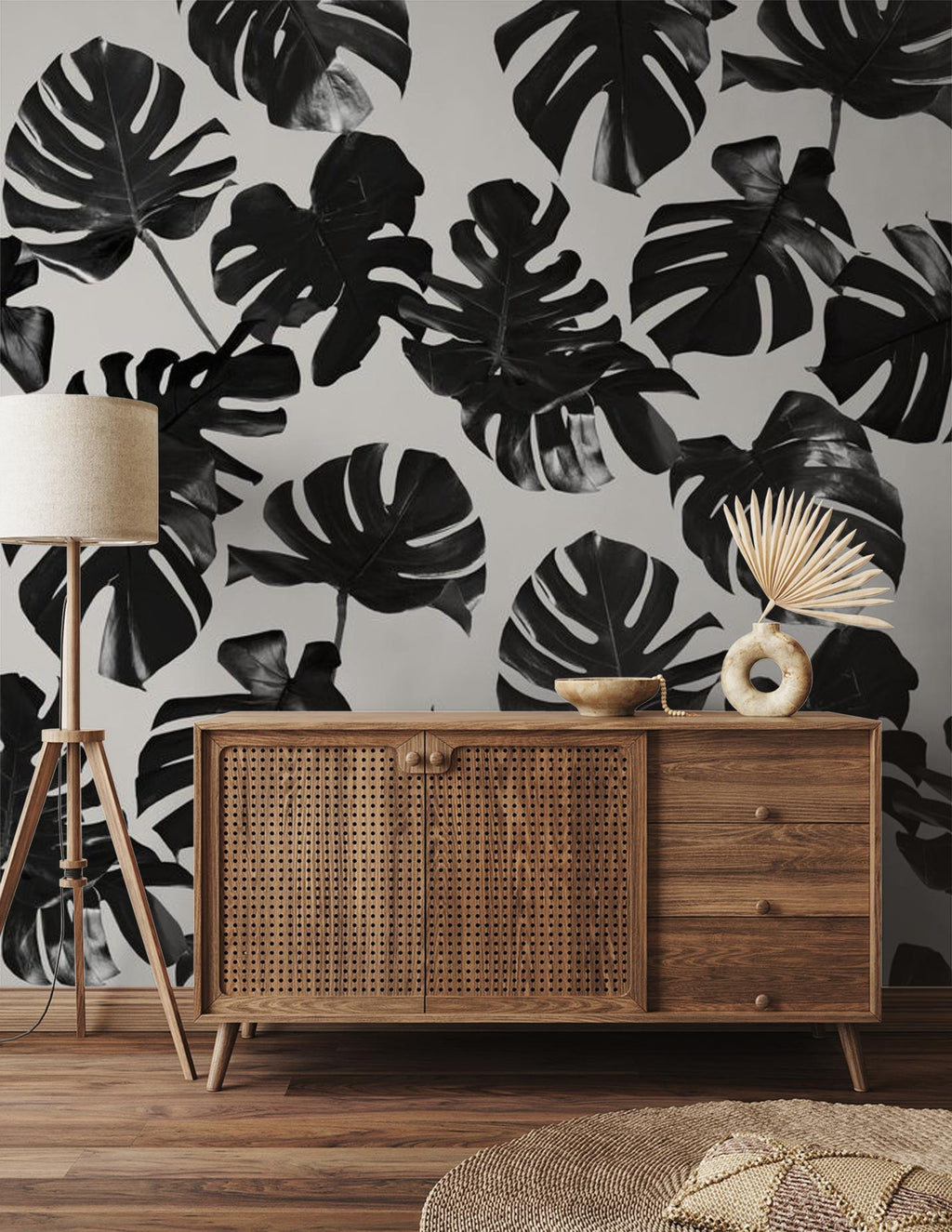 Monstera Leaf Wallpaper, black and off-white