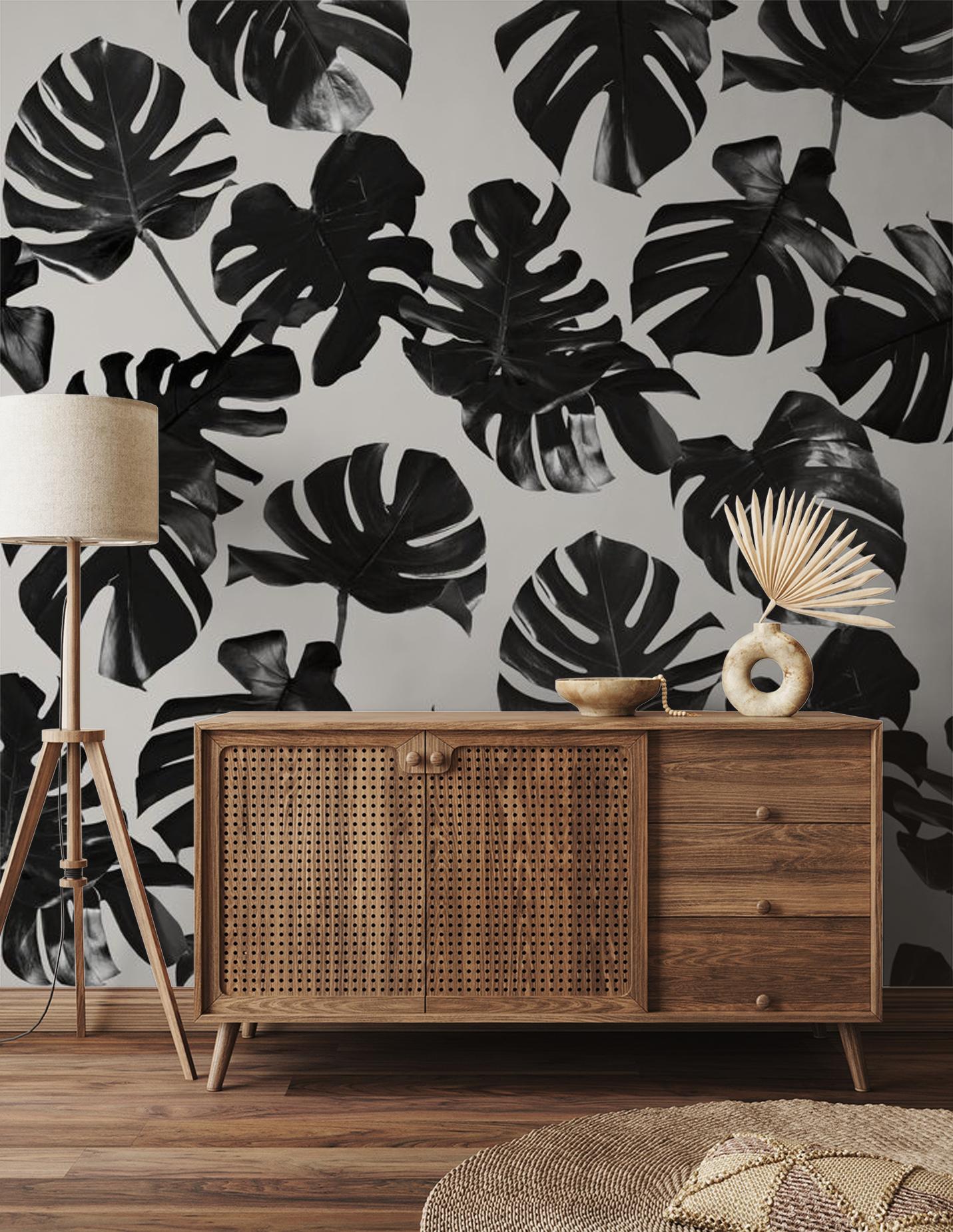 Monstera Leaf Wallpaper, black and off-white