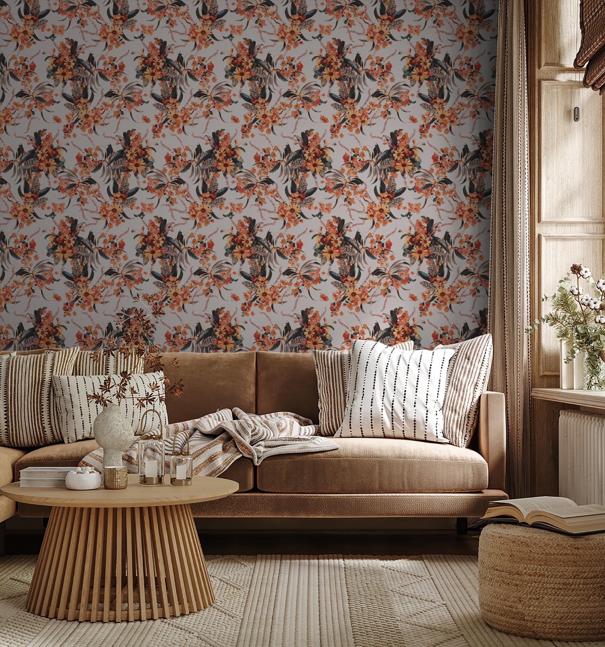 Springtime Wallpaper, off-white and orange