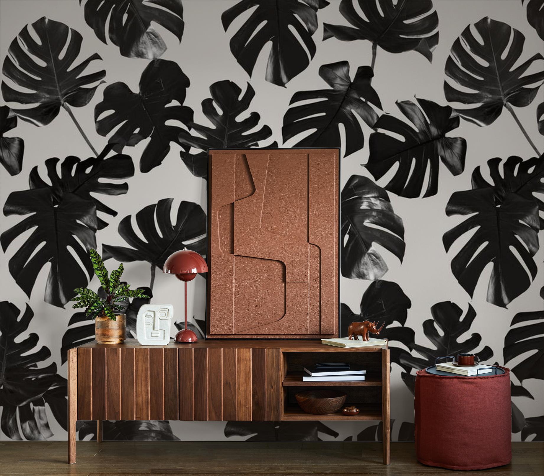 Monstera Leaf Wallpaper, black and off-white