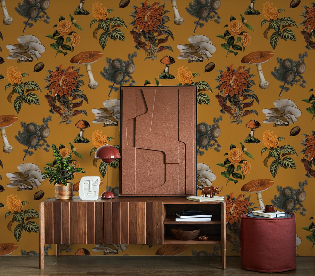 Shrooms Wallpaper, gold and marigold