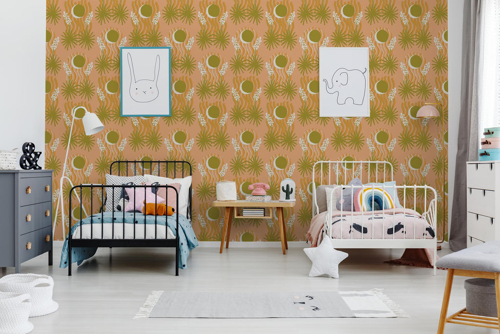 Yucca Moon Wallpaper, peach and green