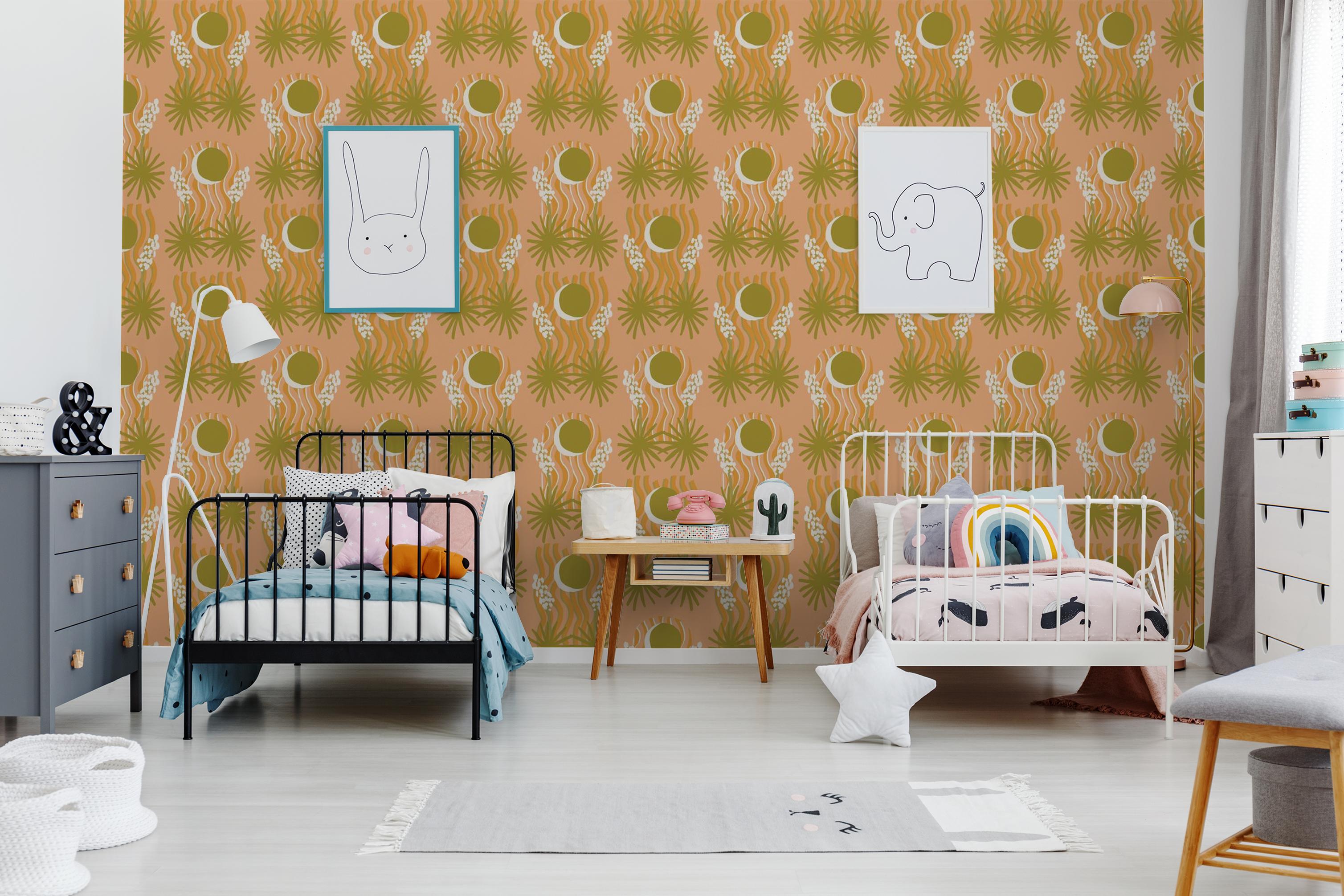 Yucca Moon Wallpaper, peach and green
