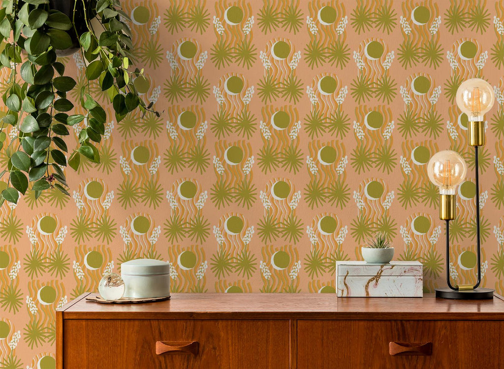 Yucca Moon Wallpaper, peach and green