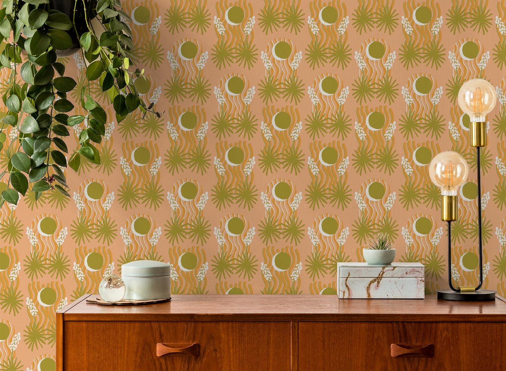 Yucca Moon Wallpaper, peach and green