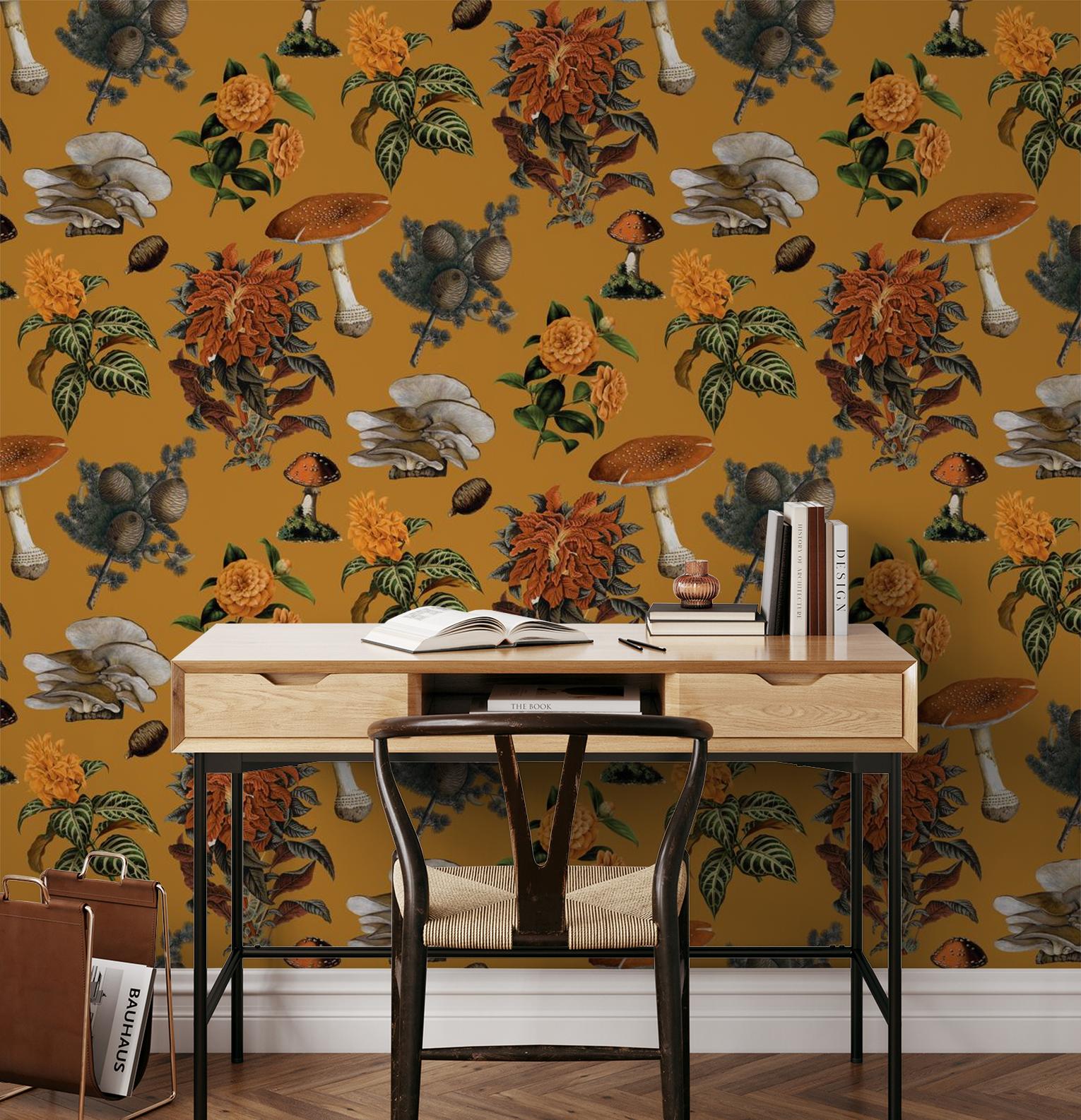 Shrooms Wallpaper, gold and marigold