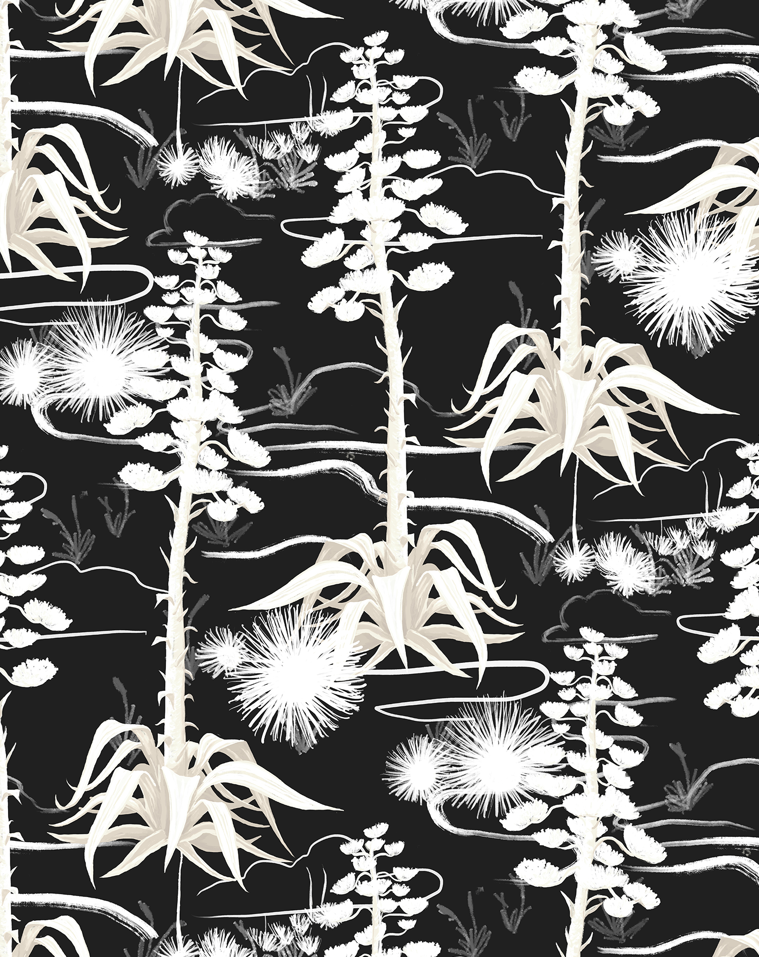 Agave Valley Wallpaper, black and white