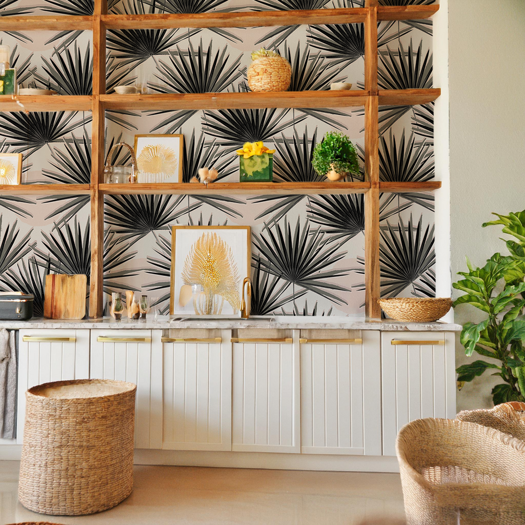 Palm Deco Wallpaper, black and blush