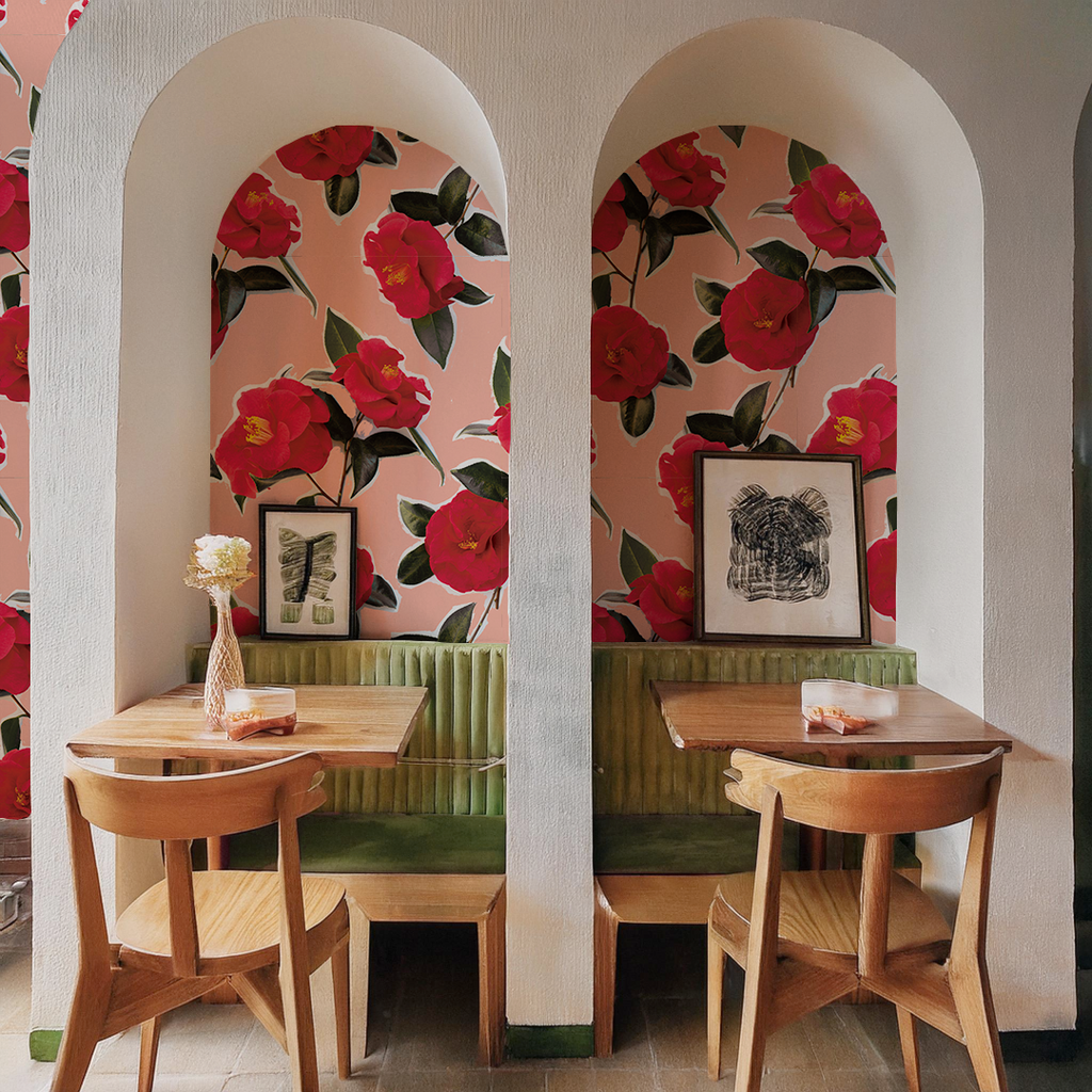 Camellia Wallpaper, pink and red
