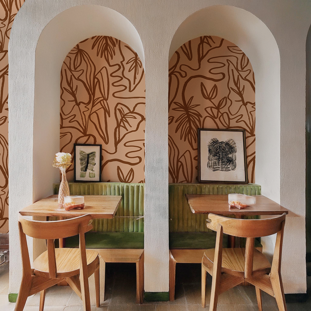 Inked Foliage Wallpaper, peach and rust