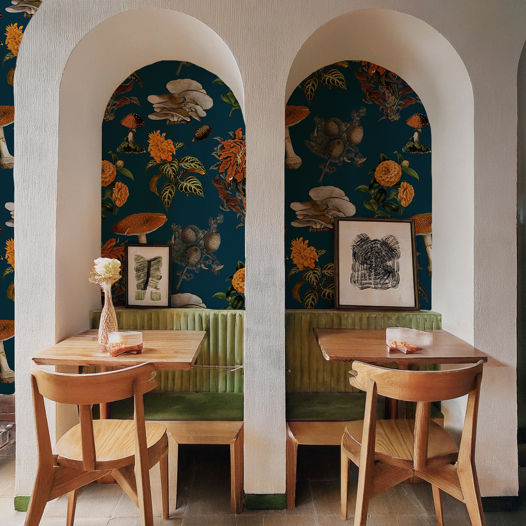 Shrooms Wallpaper, navy and orange