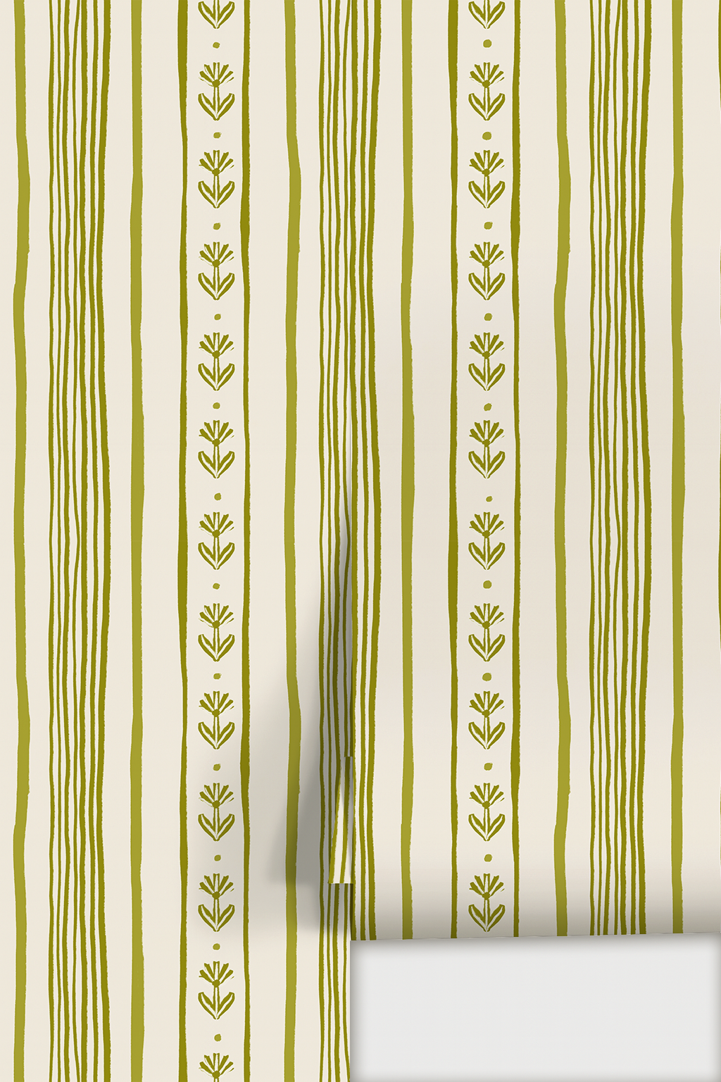 Daisy Chain Stripe Wallpaper, beige and chartreuse green