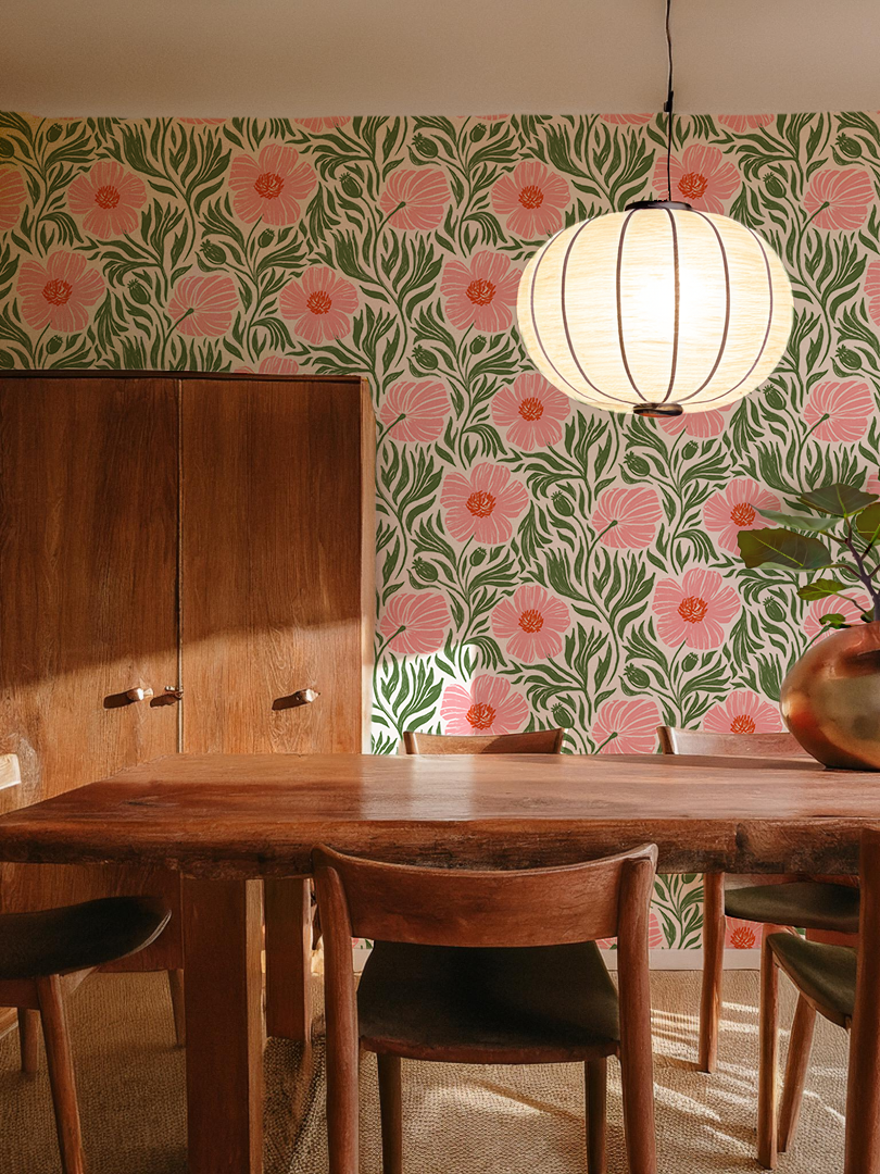 Matilija Wallpaper, white, pink and green