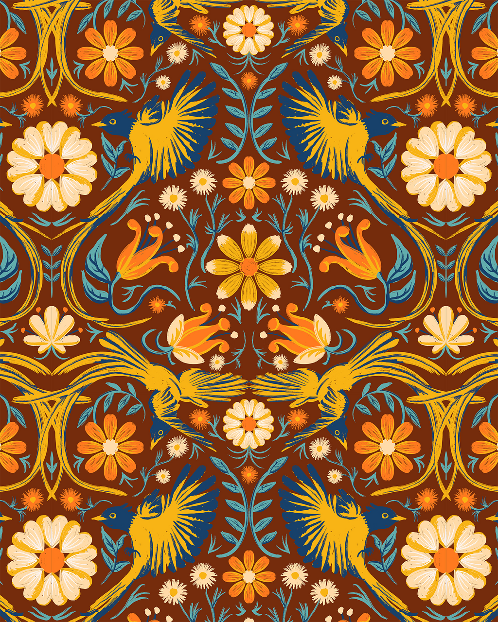 Folkie Birdie Wallpaper, rust, marigold and blue
