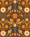 Folkie Birdie Wallpaper, rust, marigold and blue