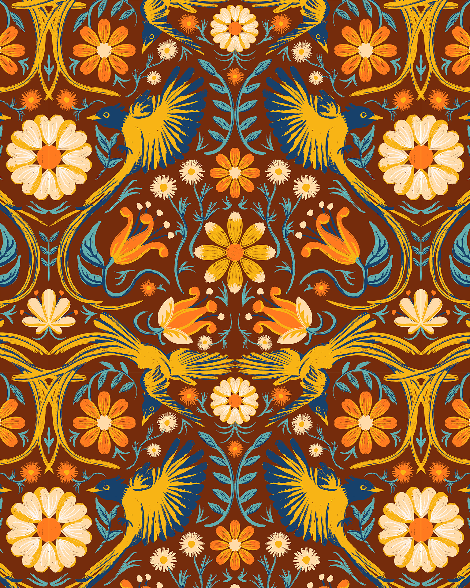 Folkie Birdie Wallpaper, rust, marigold and blue