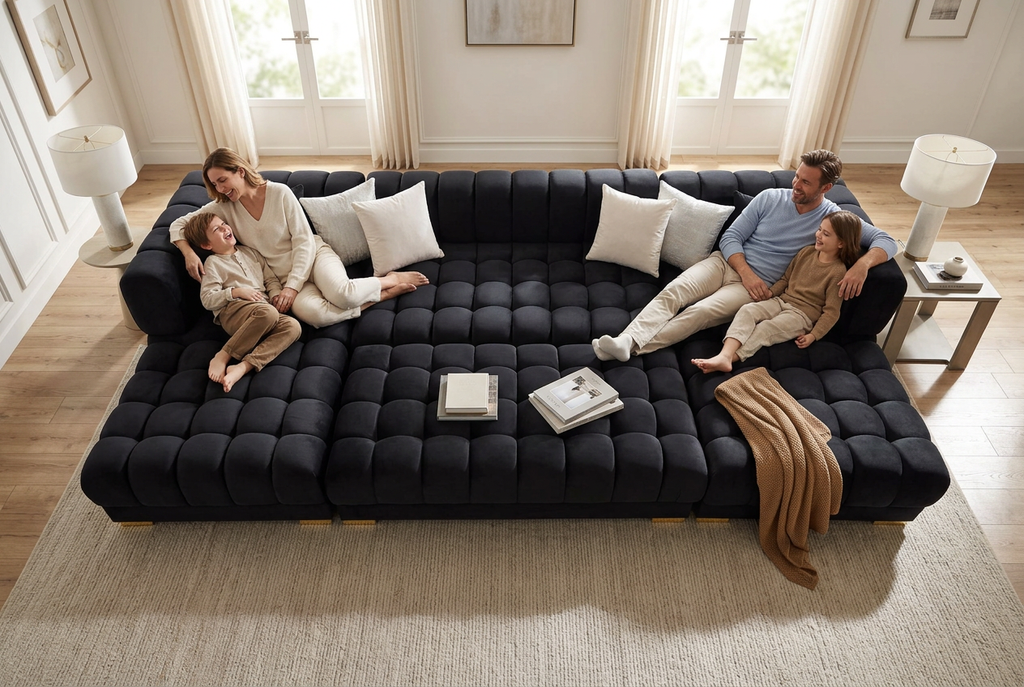 Lipa Black Velvet Double Chaise "U" Shape Sectional Sofa