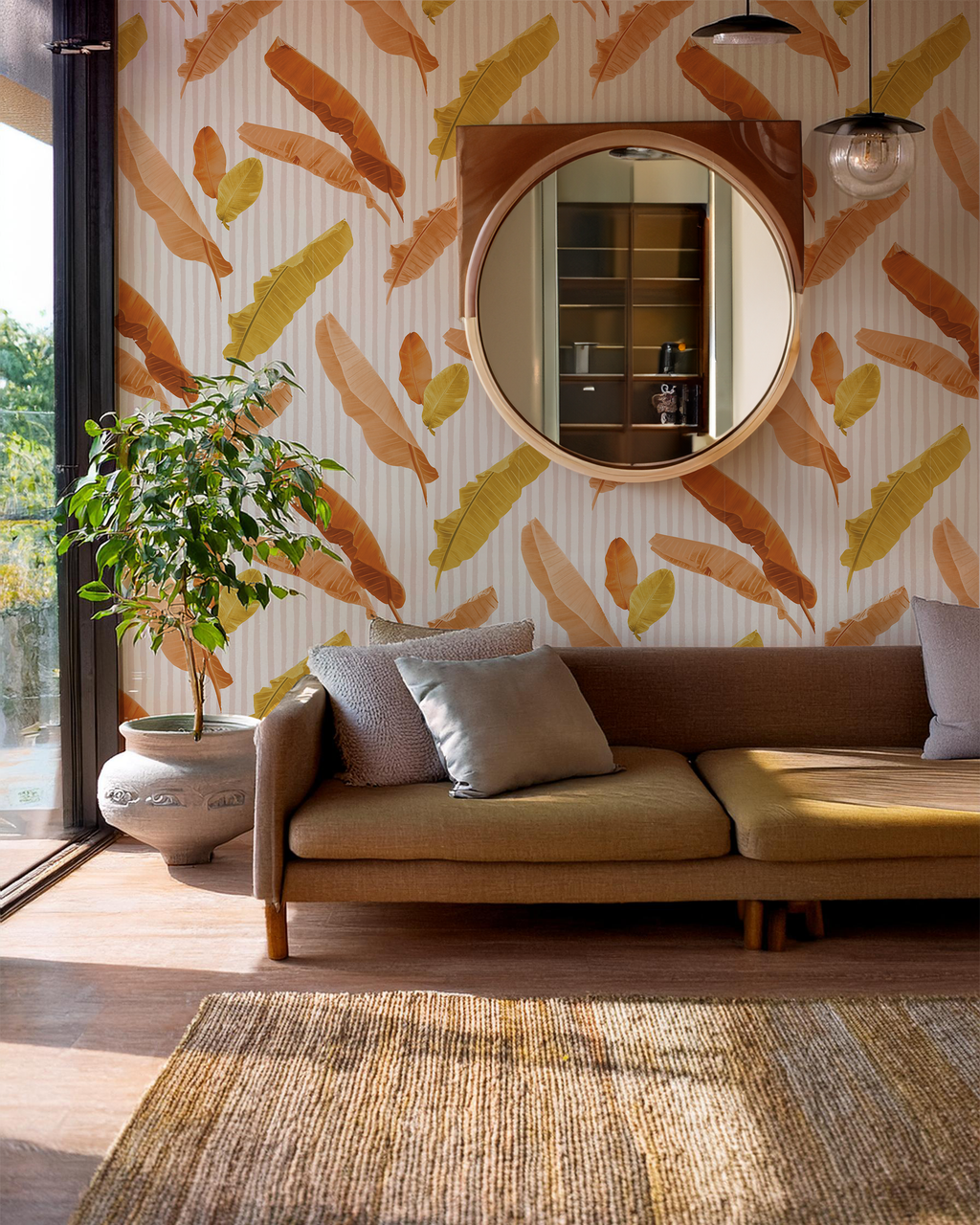 Banana Cabana Wallpaper, rust and mustard
