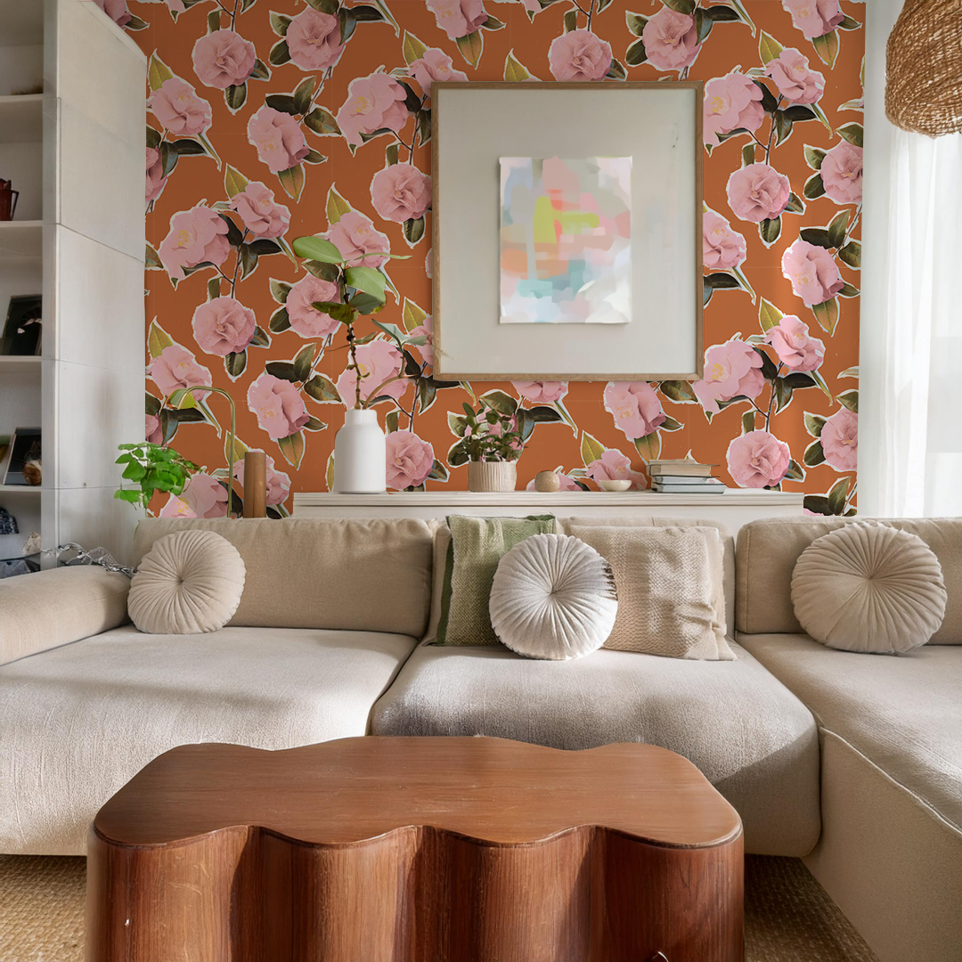 Camellia Wallpaper, rust and pink