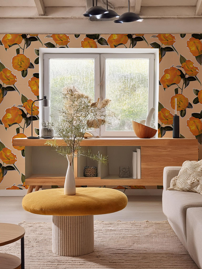 Camellia Wallpaper, peach and orange
