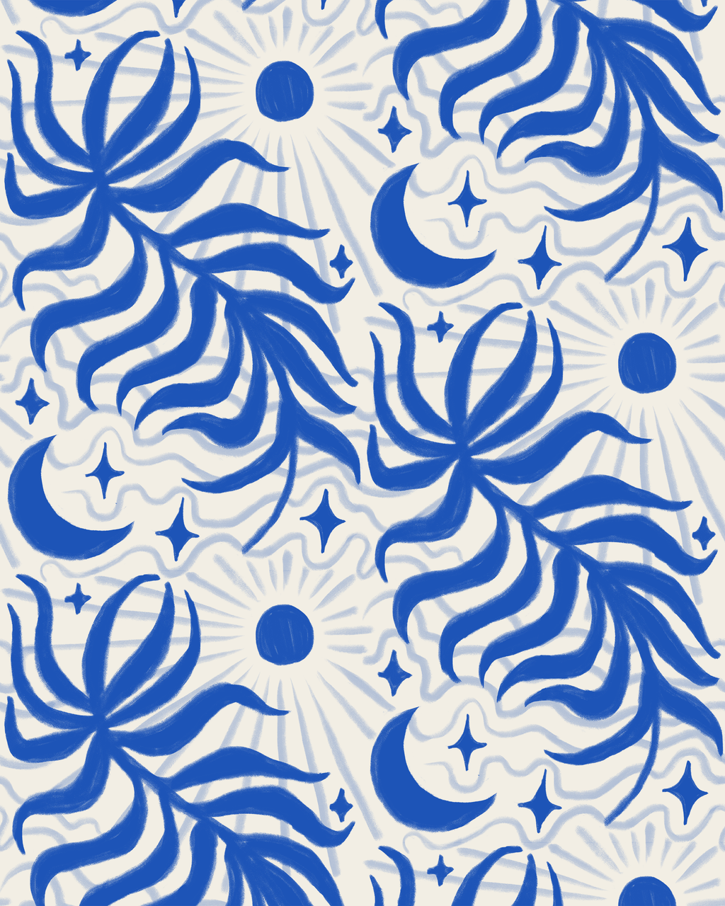 Lunar Leaf Wallpaper, beige and blue