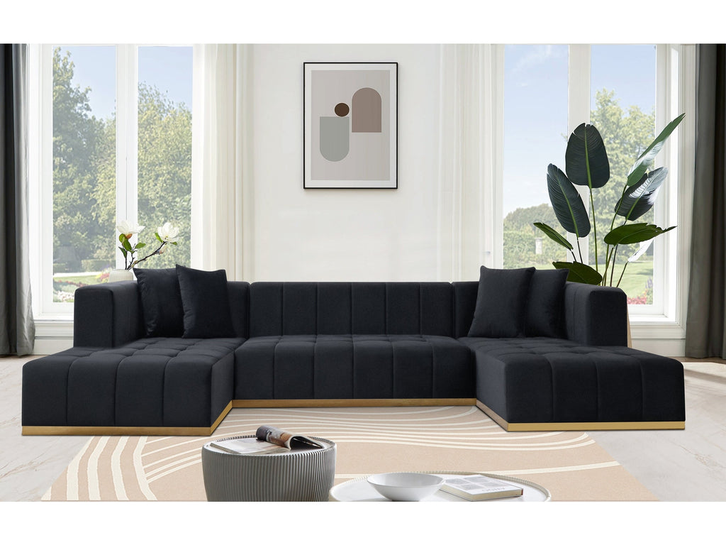 Montecito Black Velvet Double Chaise "U" Shape Sectional Sofa