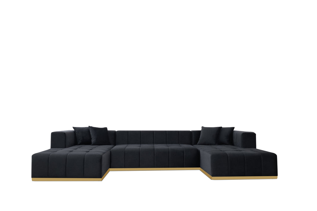 Montecito Black Velvet Double Chaise "U" Shape Sectional Sofa