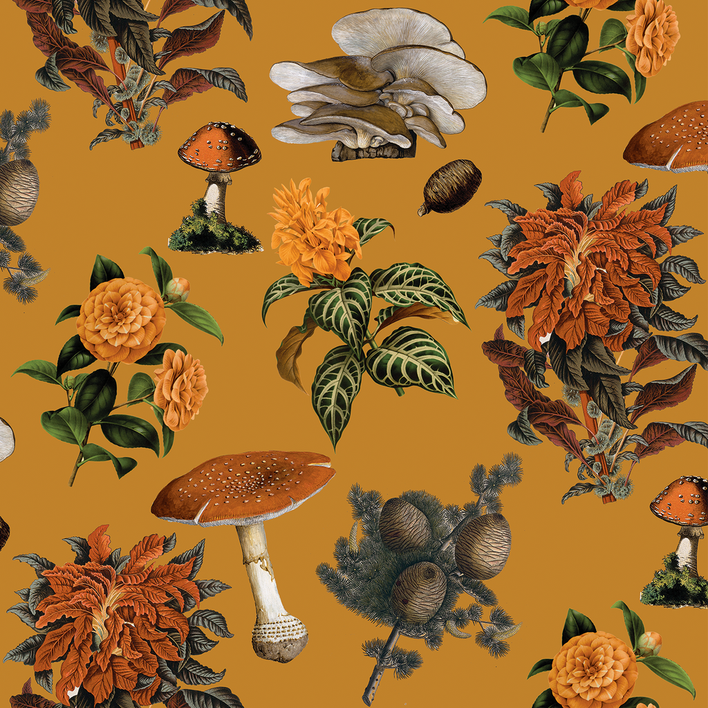 Shrooms Wallpaper, gold and marigold