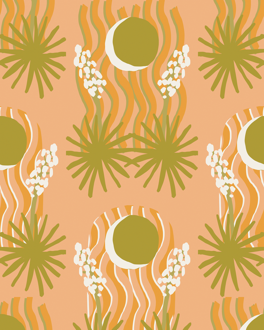 Yucca Moon Wallpaper, peach and green