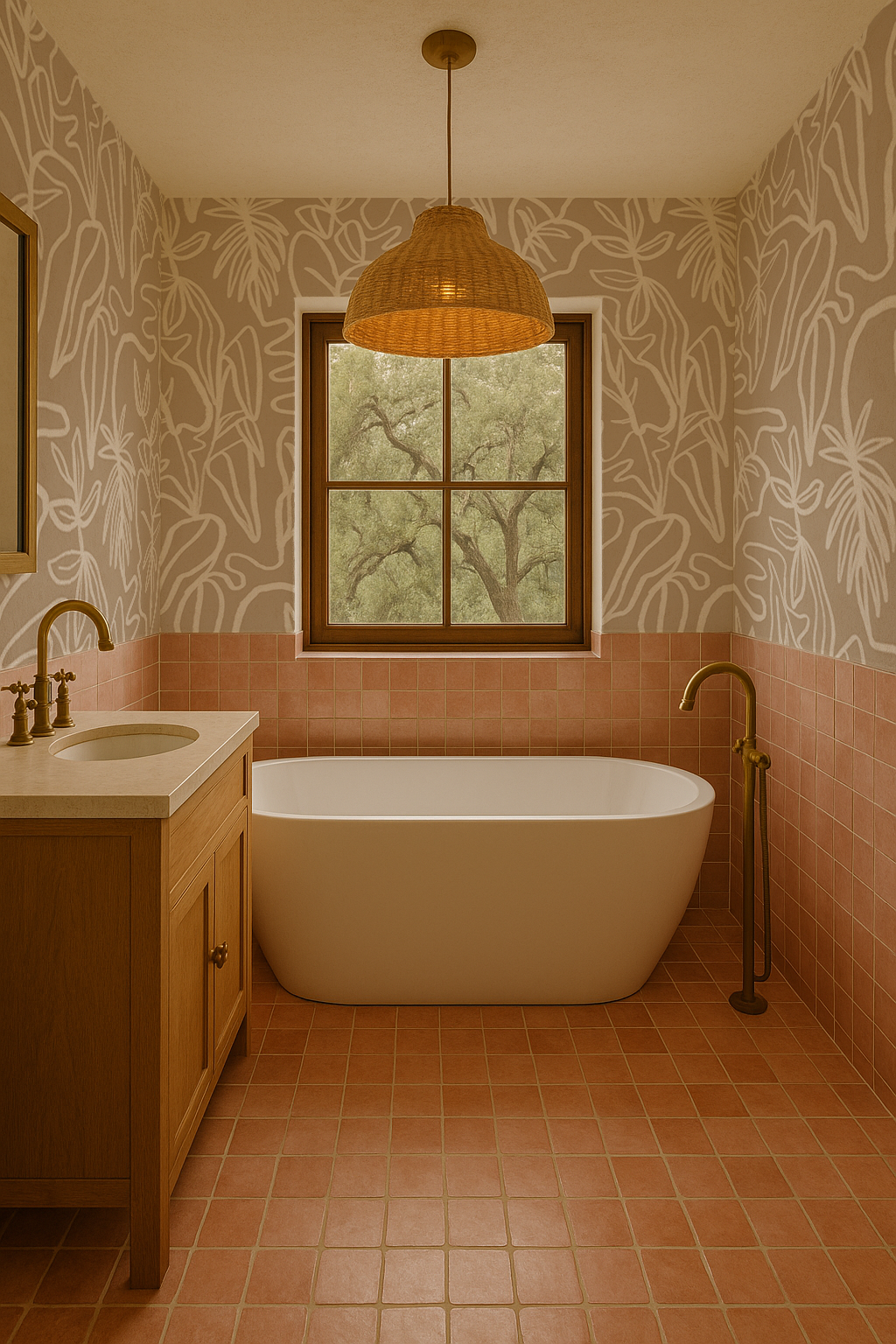 Inked Foliage Wallpaper, tan and white