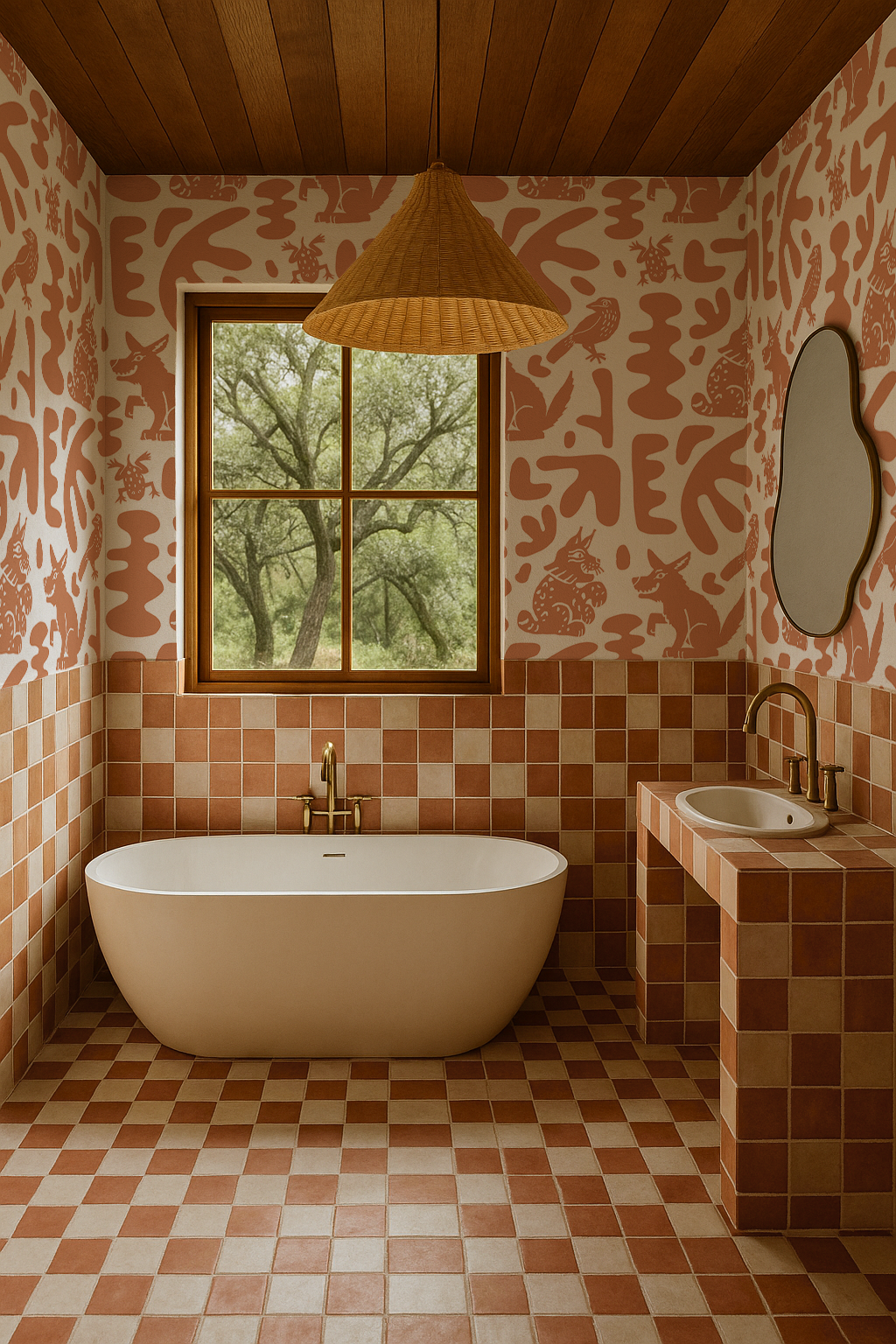 Abstract Animales Wallpaper, white and terra cotta