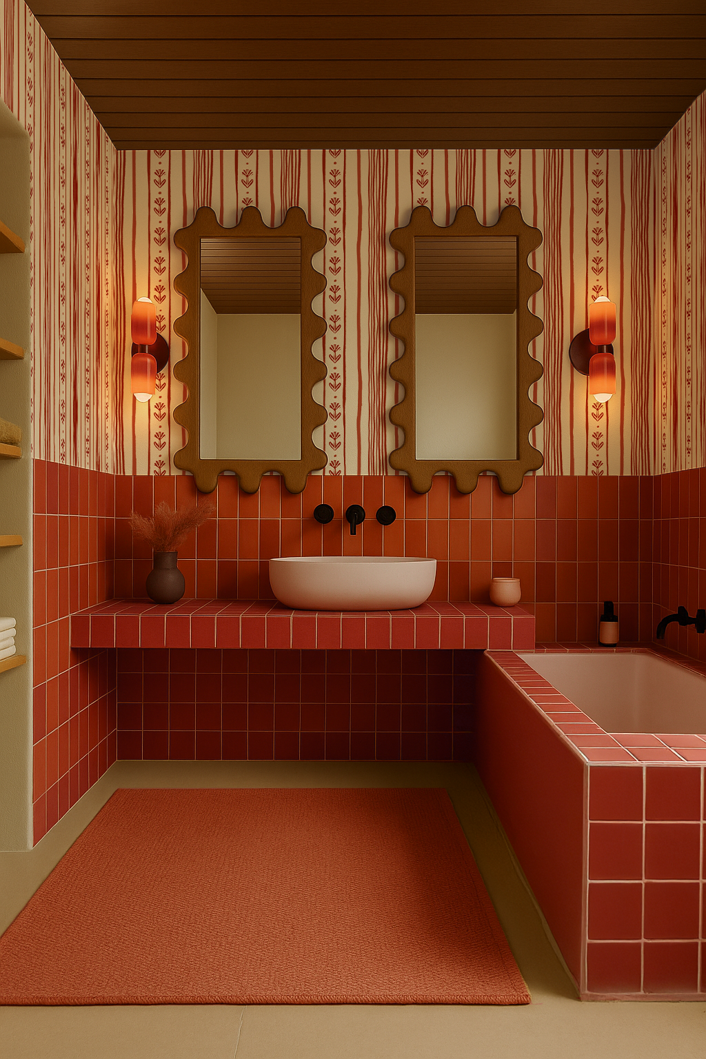 Daisy Chain Stripe Wallpaper, beige and brick red