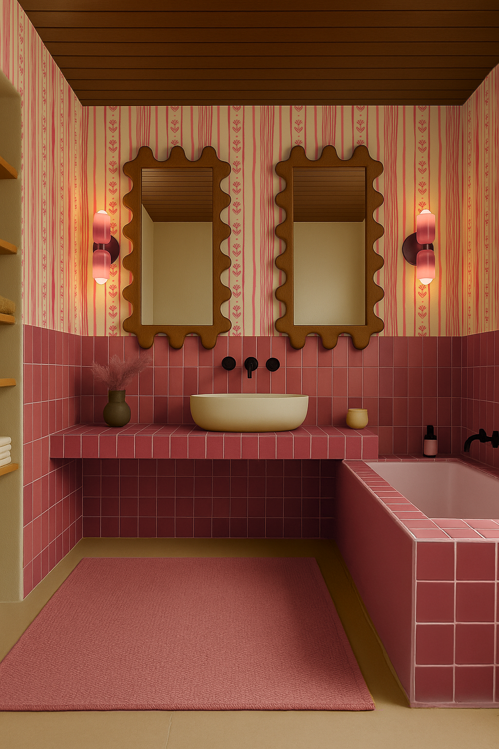 Daisy Chain Stripe Wallpaper, beige and pink