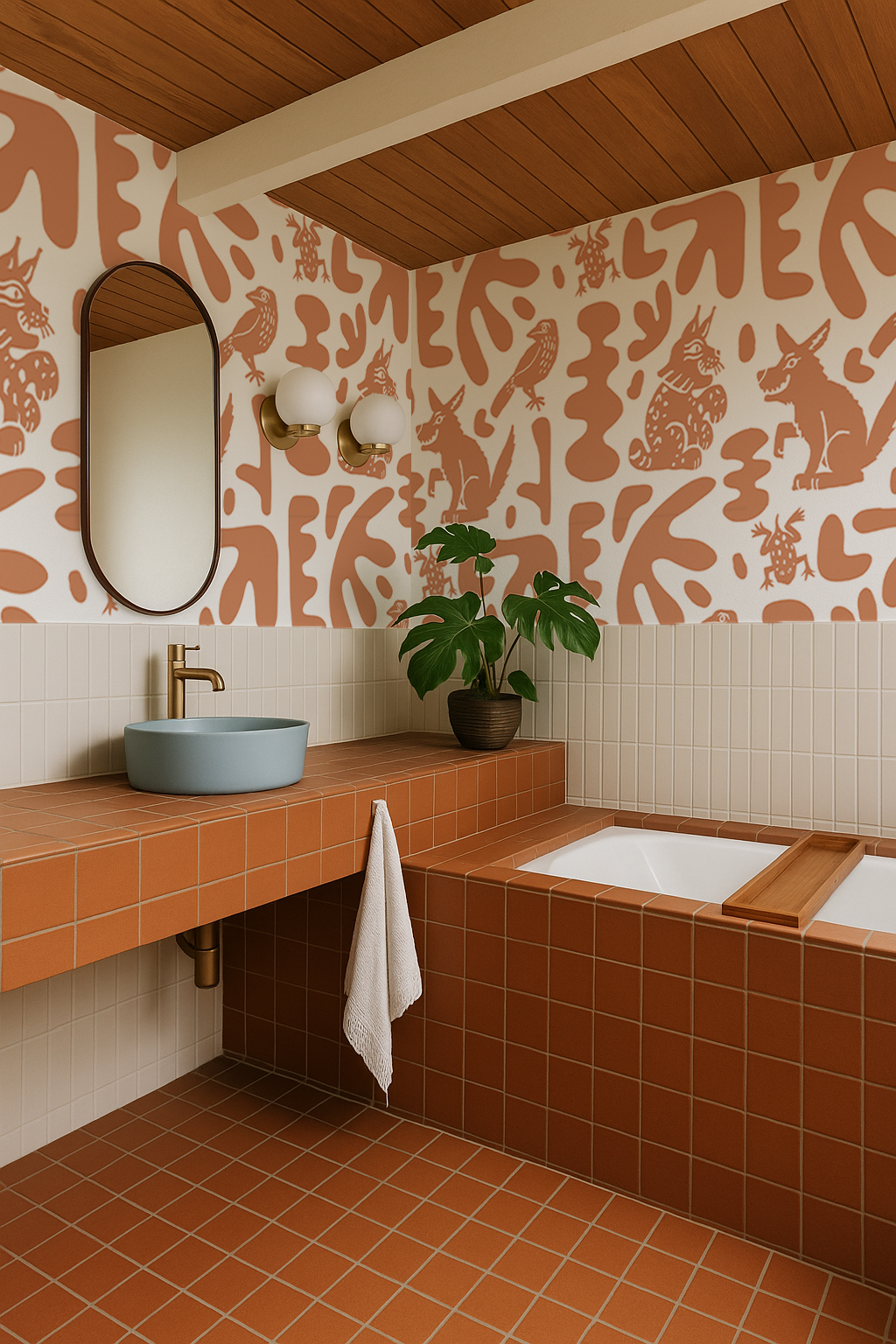 Abstract Animales Wallpaper, white and terra cotta