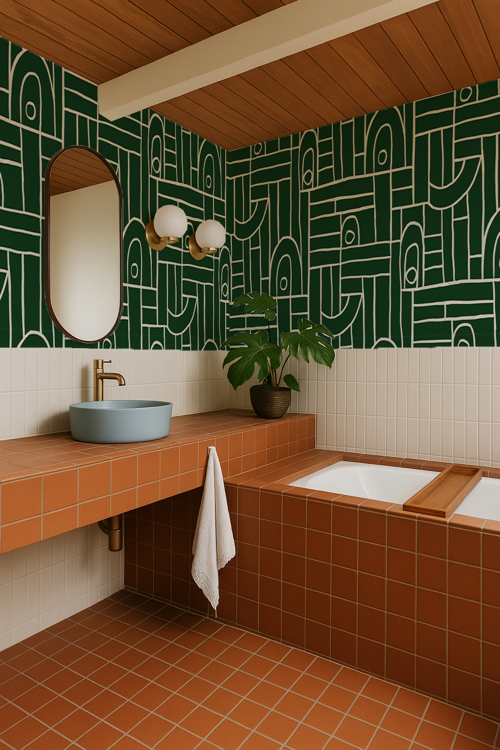 Deco Tile Wallpaper, green and white