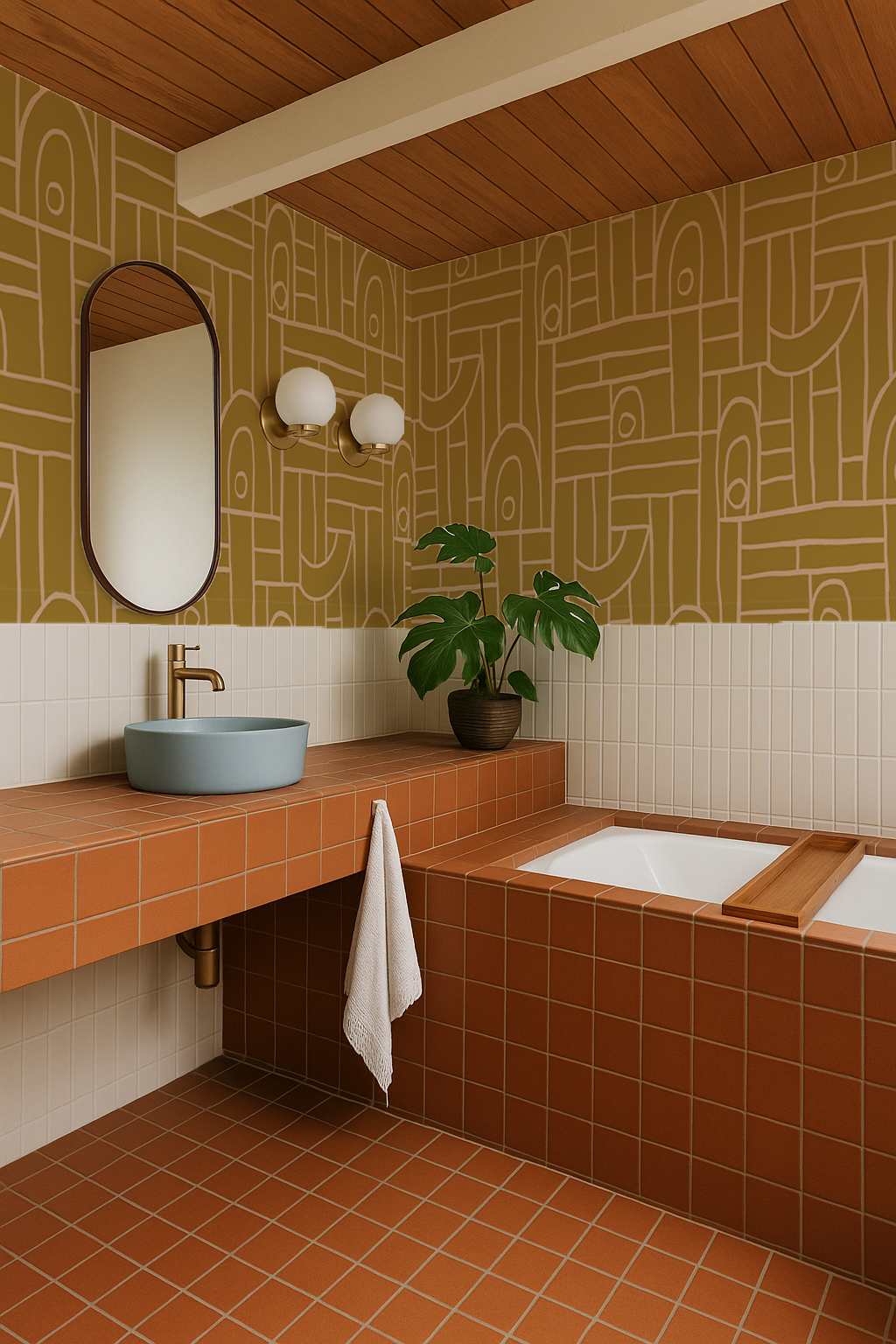 Deco Tile Wallpaper, mustard and peach