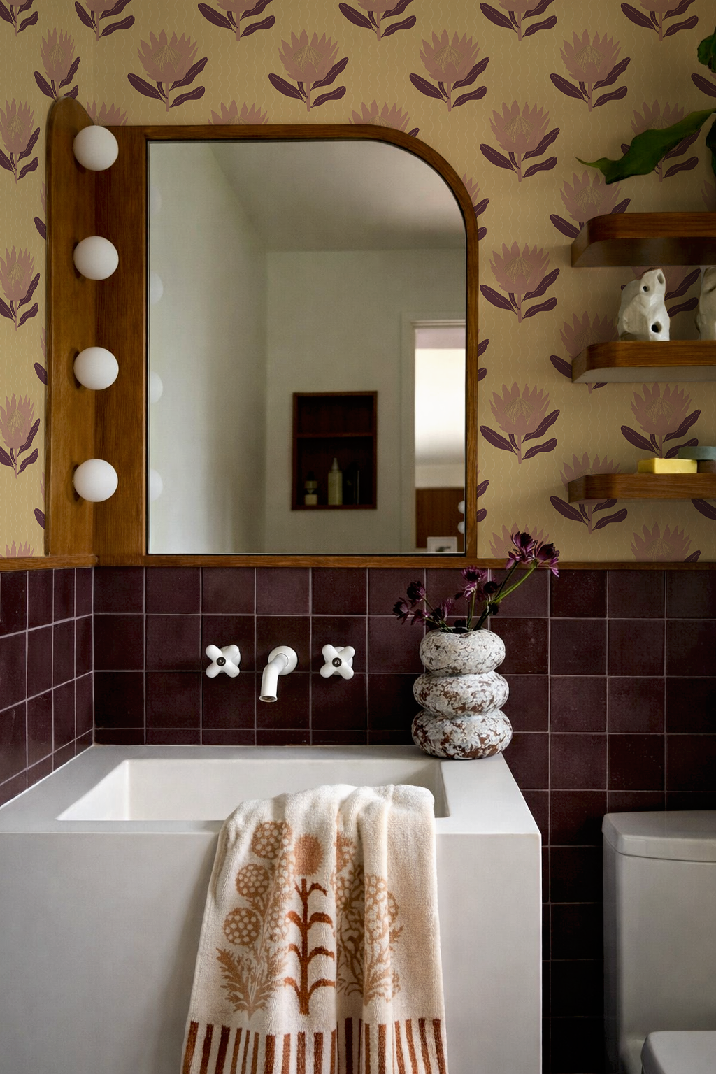 King Protea Wallpaper, butter yellow and mauve